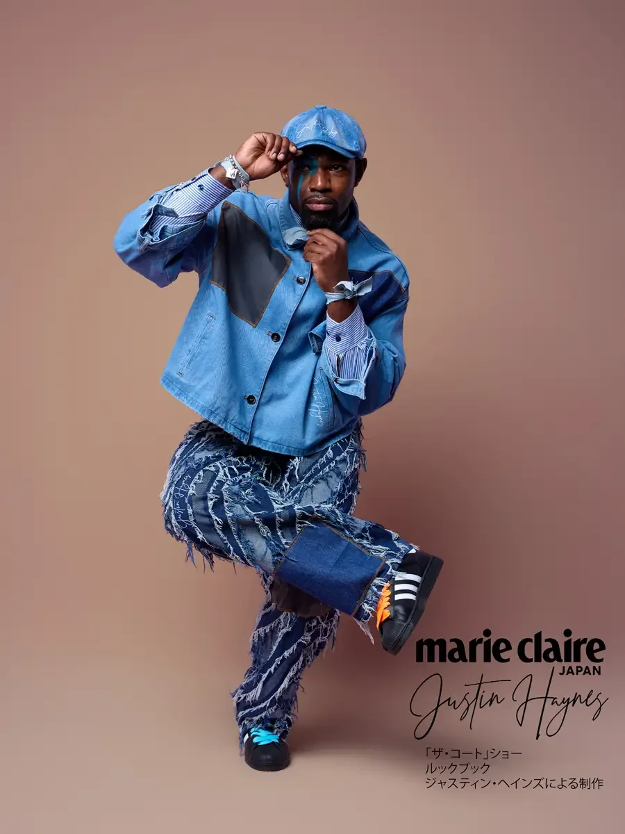 Denim newsboy cap and striped cuffs with cropped shirt jacket, raised knee pose, JUS10H Court Show lookbook in Marie Claire Japan by Scott Parker Photo