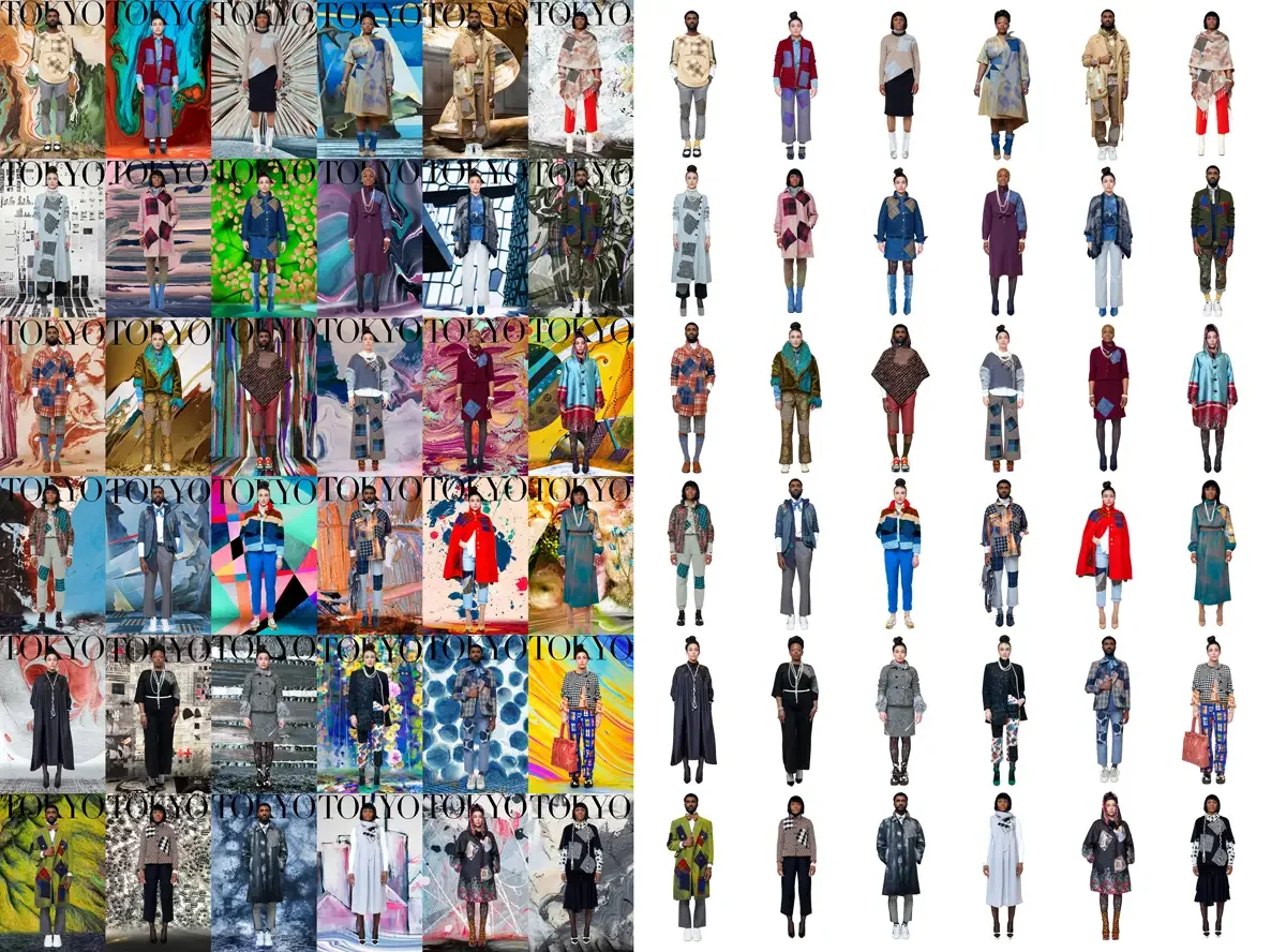Fashion photography workflow showing white background captures alongside post-production background replacements, Tokyo Fashion Council collection, photographed by Scott Parker Photo
