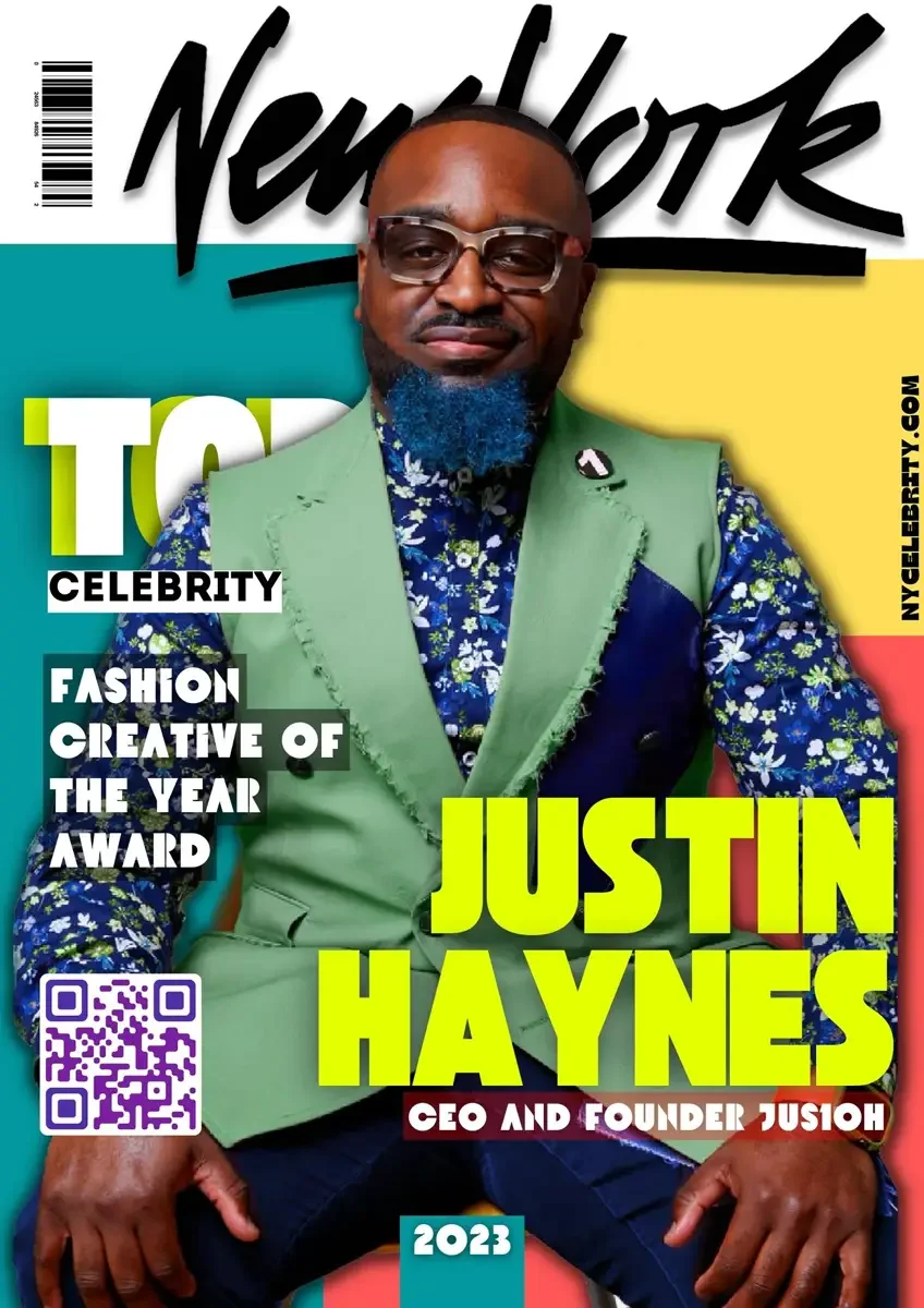 JUS10H 2022 NY Celebrity feature, Fashion Creative of the Year cover, green patchwork vest over floral blazer, seated editorial portrait, photographed by Scott Parker Photo