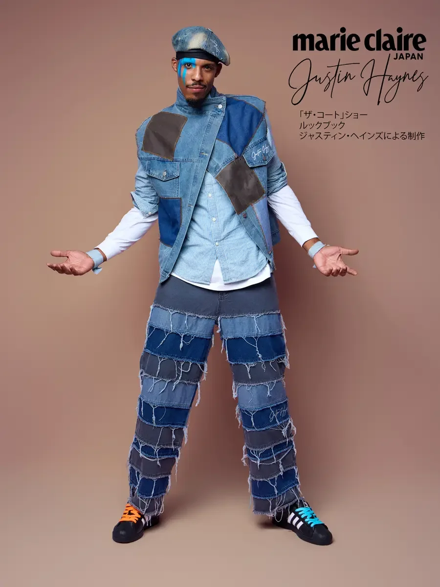 Asymmetrical denim vest over patchwork jeans, arms spread, JUS10H Court Show lookbook, photographed by Scott Parker Photo for Marie Claire Japan
