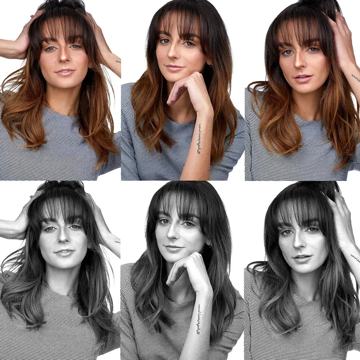 Six portraits of a woman with shoulder-length wavy hair, wearing a checkered top, with three in color and three in black and white. The top row shows her in color with different hand positions near her head and face. The bottom row mirrors the same p