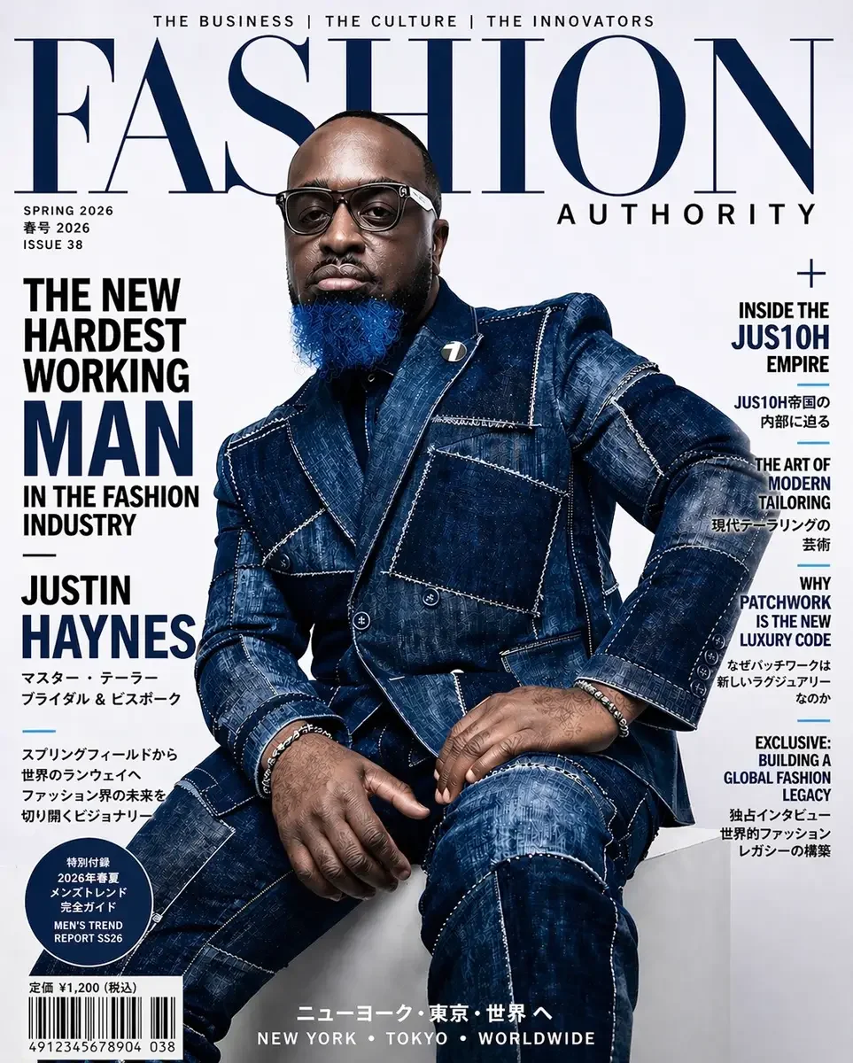 JUS10H 2026 Fashion Authority feature, editorial cover, head-to-toe indigo denim patchwork suit, seated portrait, New York Tokyo Worldwide, photographed by Scott Parker Photo