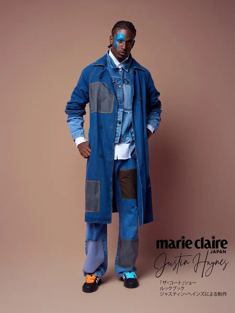 Mid-length denim trench coat over baggy wide-leg jeans, JUS10H Court Show lookbook