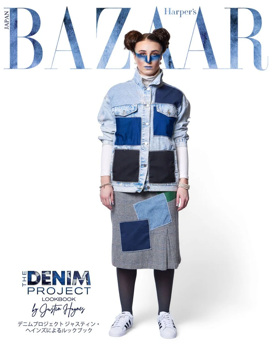

Harper's Bazaar Japan cover — JUS10H Denim Project 2025 lookbook, model in light-wash patchwork denim jacket with contrast navy and charcoal panels over plaid midi skirt with denim appliqué, blue editorial makeup, Adidas Superstar sneakers, fashion