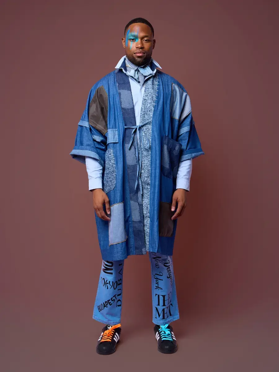 Denim kimono with tie closure and sewn patch placement, facing camera, JUS10H Court Show lookbook