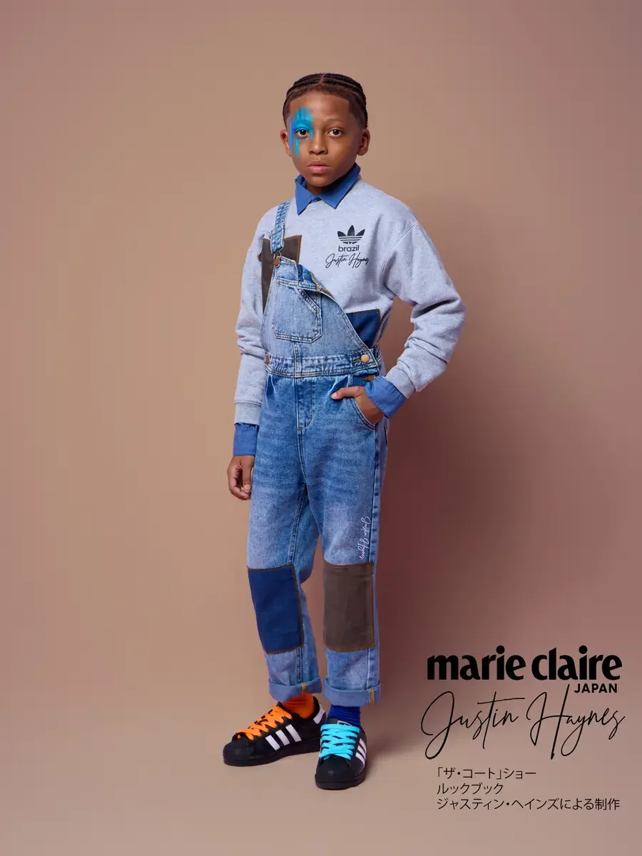Kids denim overalls layered over a grey sweatshirt, JUS10H Court Show lookbook
