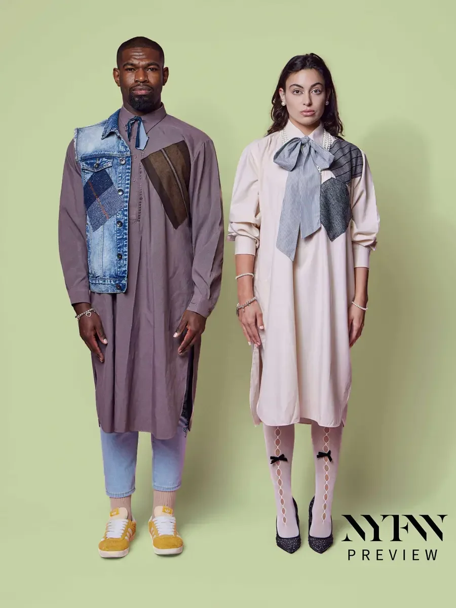 JUS10H 2025 social media, two models standing together, male in mauve longline shirt-dress with patchwork denim vest over light blue trousers and yellow sneakers, female in blush oversized shirt-dress with striped bow, metallic patchwork panel, bow-d