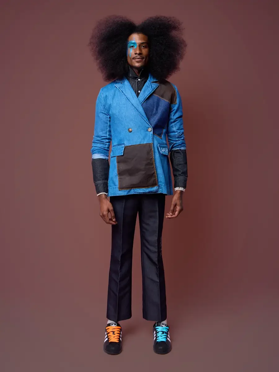 Sateen-finish denim trousers with a double breasted jacket, JUS10H Court Show lookbook