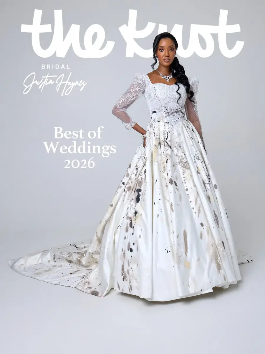 JUS10H 2025 The Knot Bridal feature, Justin Haynes Best of Weddings 2026 cover, white abstract paint-splatter ball gown with beaded scoop-neck bodice, sheer puff sleeves, and cathedral train, photographed by Scott Parker Photo