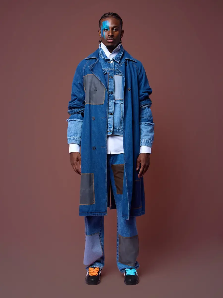 Mid-length denim trench coat, hand in pocket, JUS10H Court Show lookbook, photographed by Scott Parker Photo