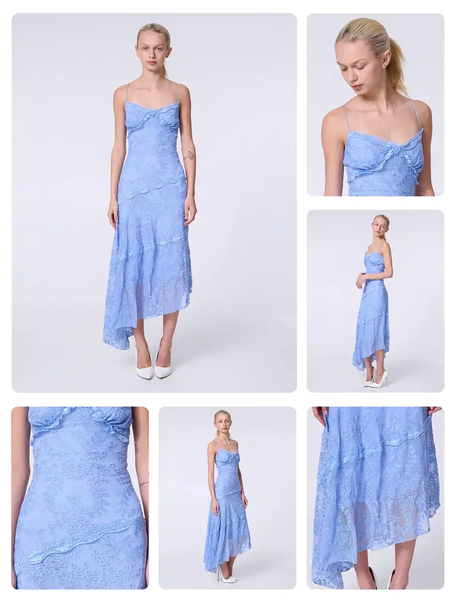 Model portfolio development comp card, commercial look, periwinkle blue lace asymmetrical midi dress with ruffle bodice detail, white pointed-toe heels, hero image with alternate views and garment detail, light gray background, photographed by Scott 