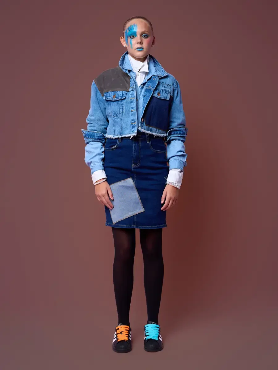 Cropped denim jacket and skirt with ruffled shirt cuffs and tights, JUS10H Court Show lookbook