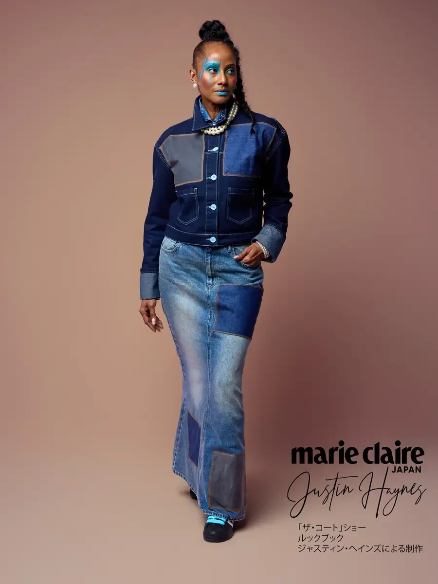 Ankle-length skirt cut from upcycled jeans, stepping pose, JUS10H Court Show lookbook, photographed by Scott Parker Photo