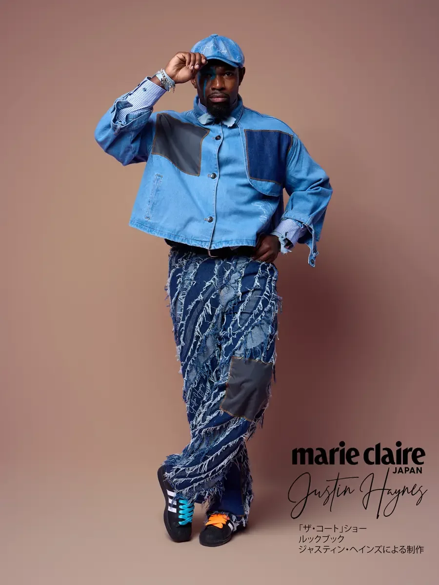 Cropped denim shirt jacket with frayed patchwork pants, JUS10H Court Show lookbook, photographed by Scott Parker Photo
