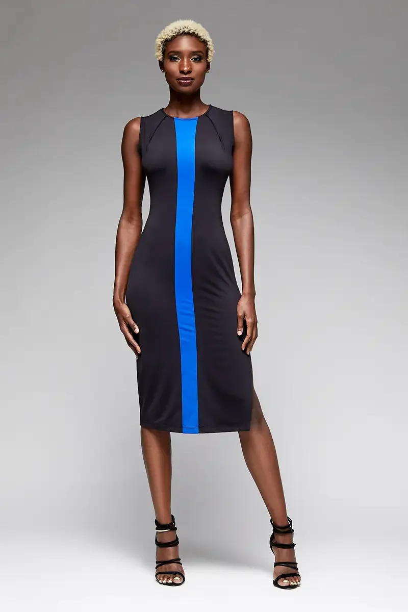 Minika Ko lookbook, black and cobalt blue colorblock bodycon midi dress, front view, crew neckline, angled seam detail at shoulder, vertical cobalt blue center panel from neckline to hem, smooth synthetic fabric, photographed by Scott Parker Photo