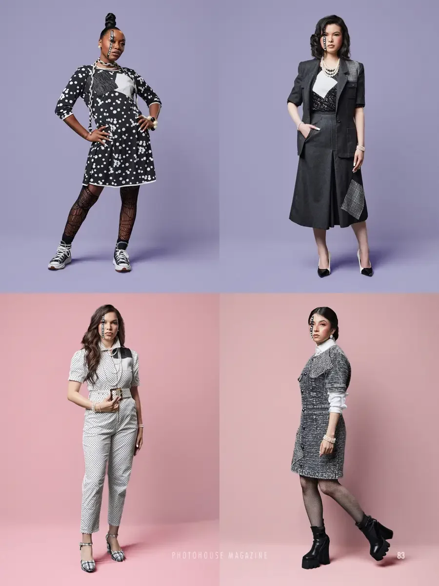JUS10H 2025 Photohouse Magazine feature, four-look editorial spread, black polka dot patchwork mini dress on female model; charcoal short-sleeve blazer and pleated midi skirt with glen plaid patch on female model; white polka dot shirt and trouser se