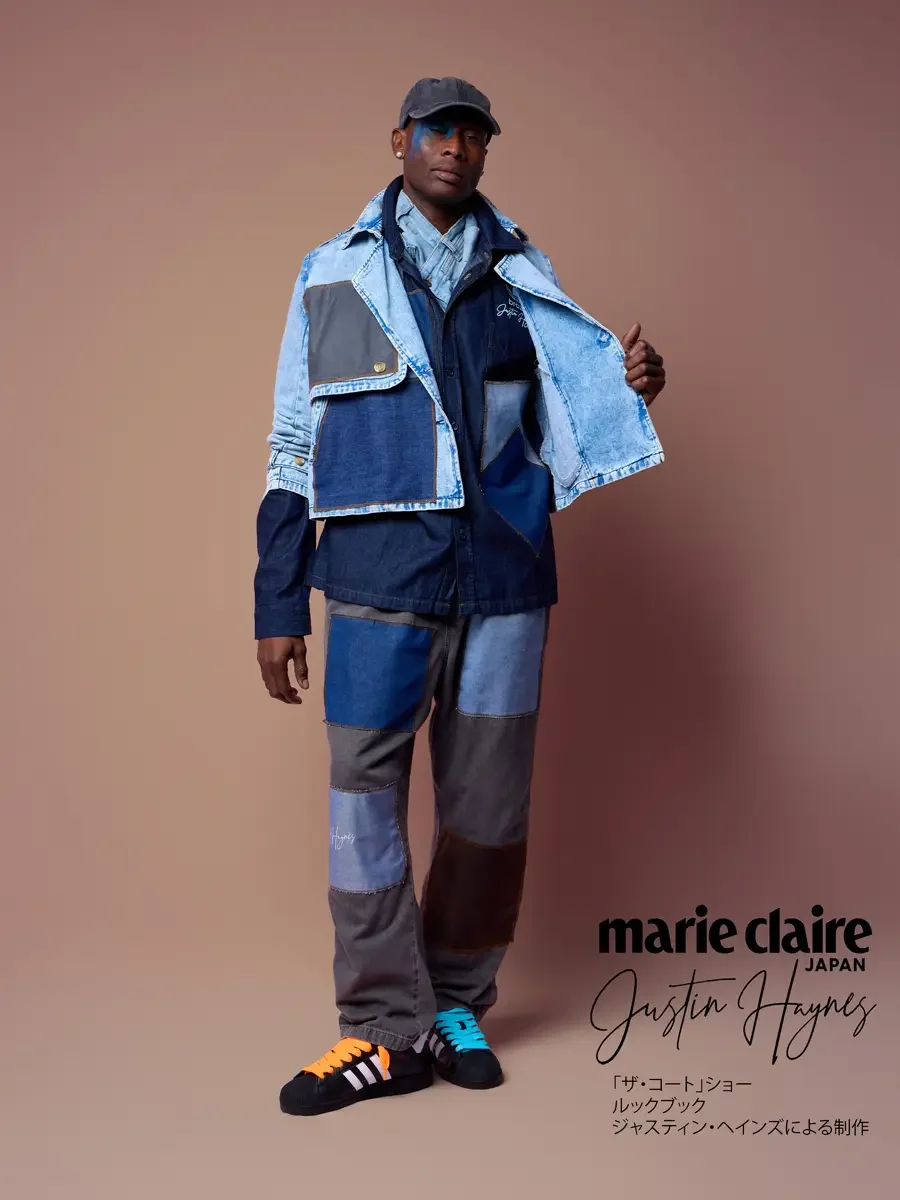 Scarf cut from an upcycled jeans waistband, crop trench held open over layers, JUS10H Court Show lookbook