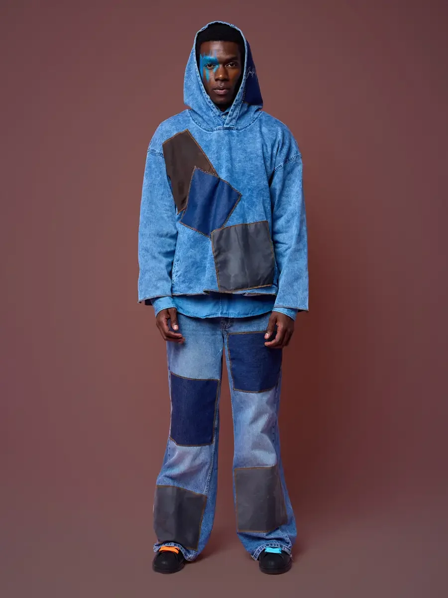 Denim hoodie worn with the hood up, denim-style stitching at the hem, JUS10H Court Show lookbook