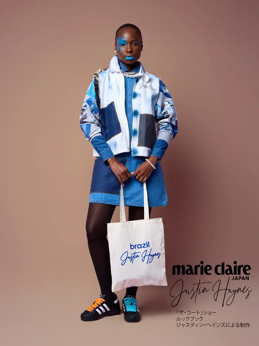 Lookbook sweatshirt over a jumper dress with pearls, tote held in front, JUS10H Court Show