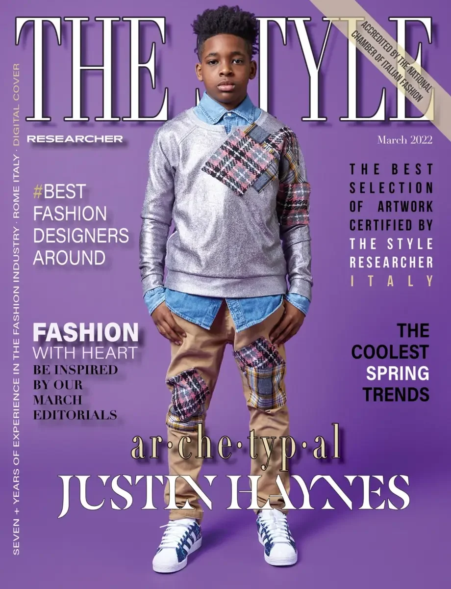 JUS10H 2022 The Style Researcher Italy feature, digital cover, youth editorial in silver metallic patchwork sweater and tartan-patched trousers, purple background, photographed by Scott Parker Photo