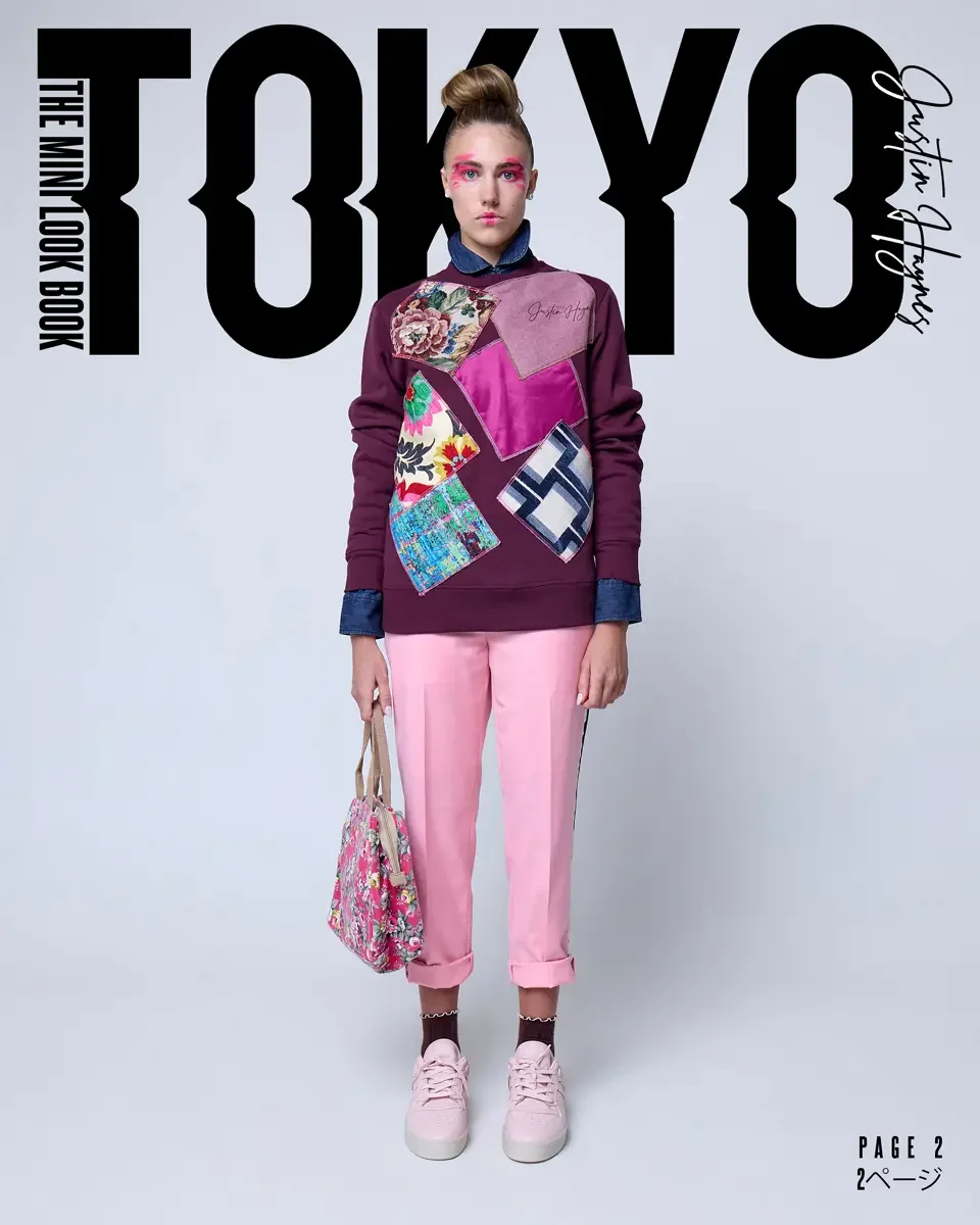Cover of a magazine titled "Tokyo" featuring a young woman with pink eye makeup, wearing a patchwork-style jacket, pink pants, pink sneakers, holding a floral bag, and standing against a plain background.