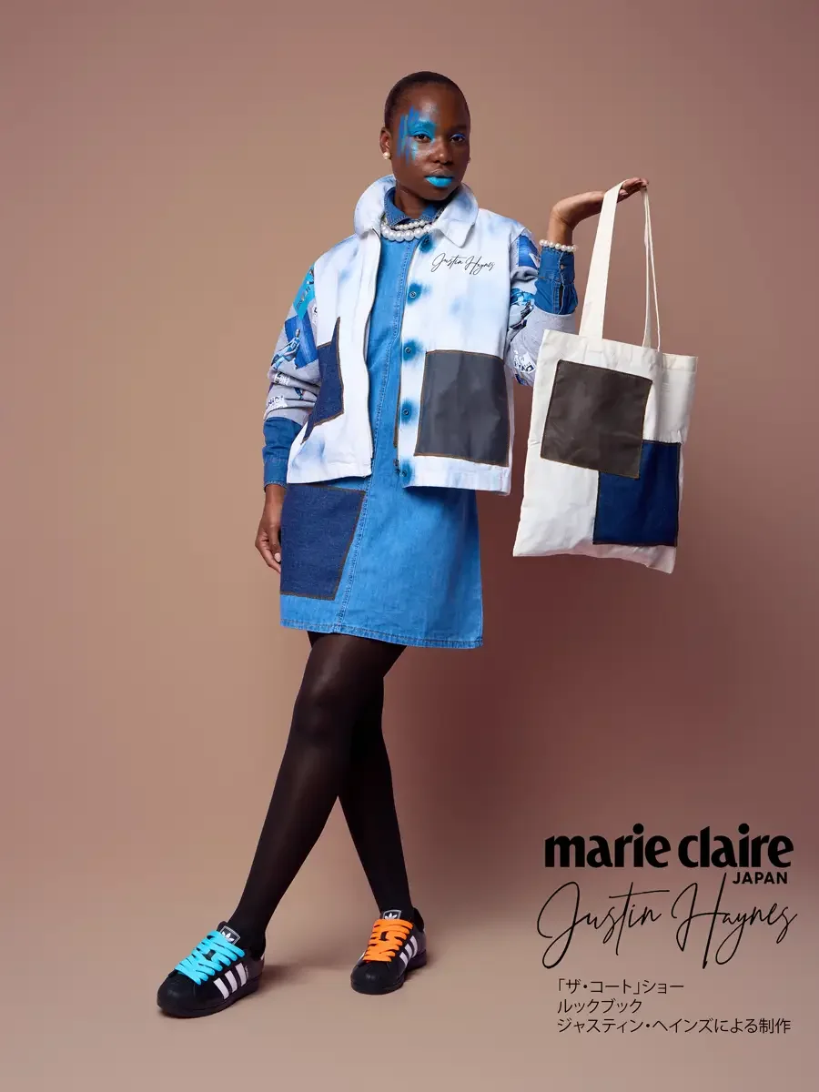 Patchwork canvas tote hanging from hand, lookbook sweatshirt look, JUS10H Court Show