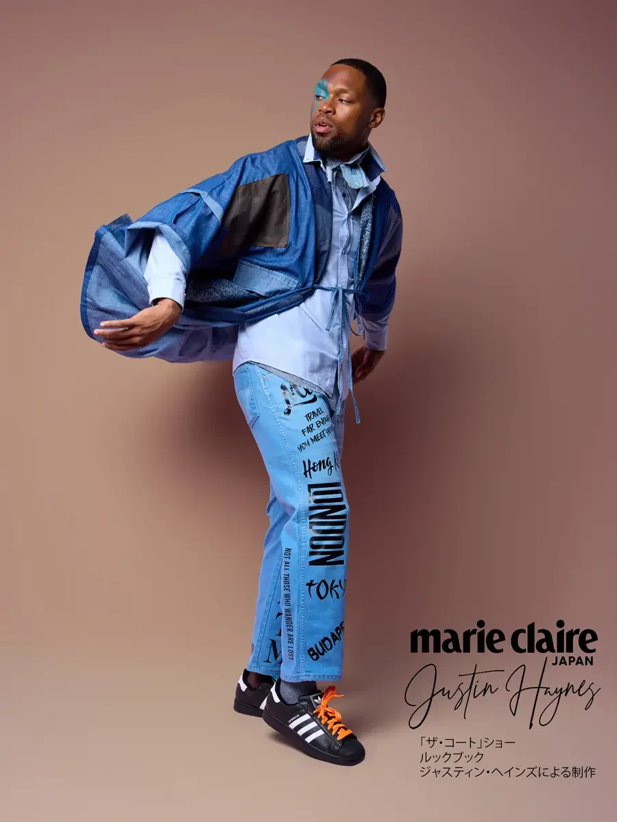 Denim kimono swinging mid-motion over destination-print jeans, JUS10H Court Show lookbook in Marie Claire Japan by Scott Parker Photo