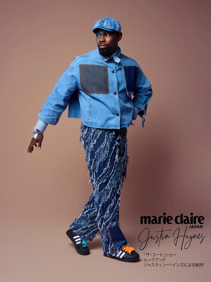 Cropped denim shirt jacket in motion, arm swung out over frayed patchwork pants, JUS10H Court Show lookbook