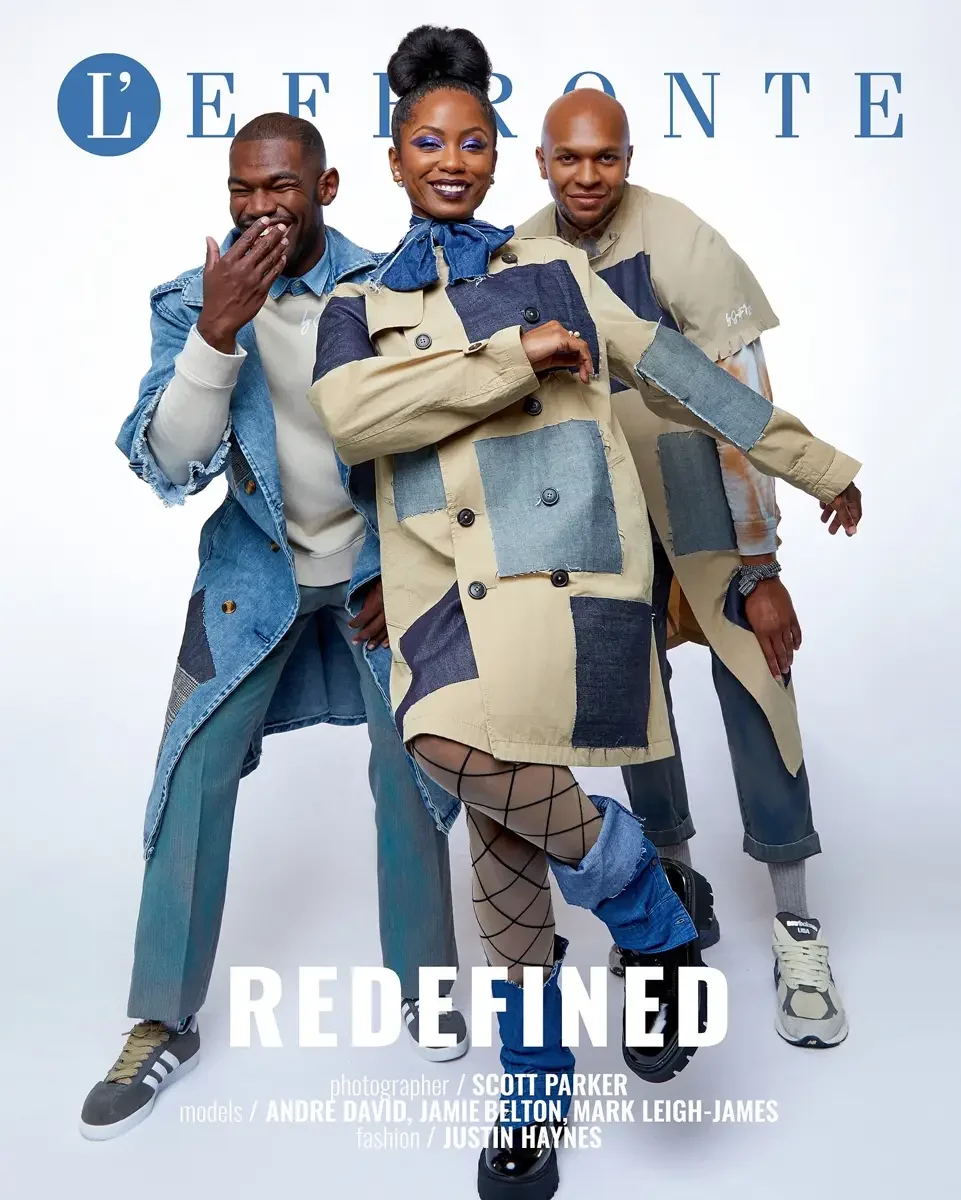 JUS10H 2024 L'Effronte Magazine feature, Redefined cover, three-model editorial in patchwork denim and canvas trench coats, white background, photographer credit Scott Parker, fashion by Justin Haynes, photographed by Scott Parker Photo
