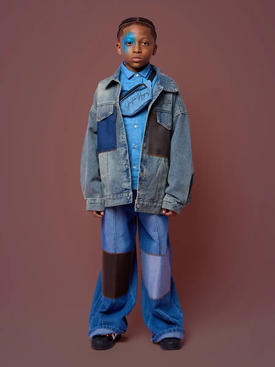 Elastic-waist baggy jeans falling loose to a wide cuff, oversized denim jacket, JUS10H Court Show lookbook