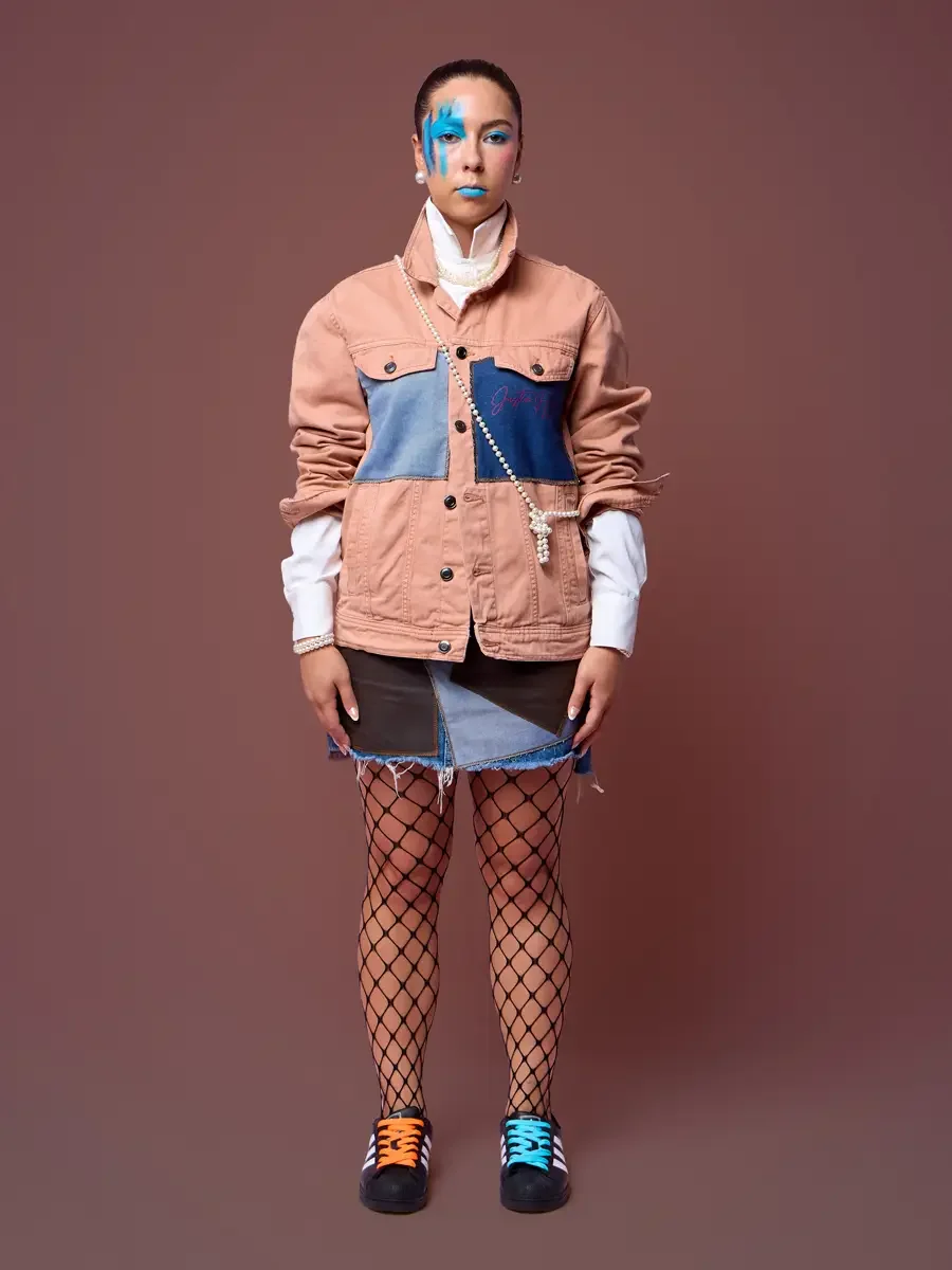 Salmon denim jacket with crop skirt, frayed hem, and fishnet tights, JUS10H Court Show lookbook