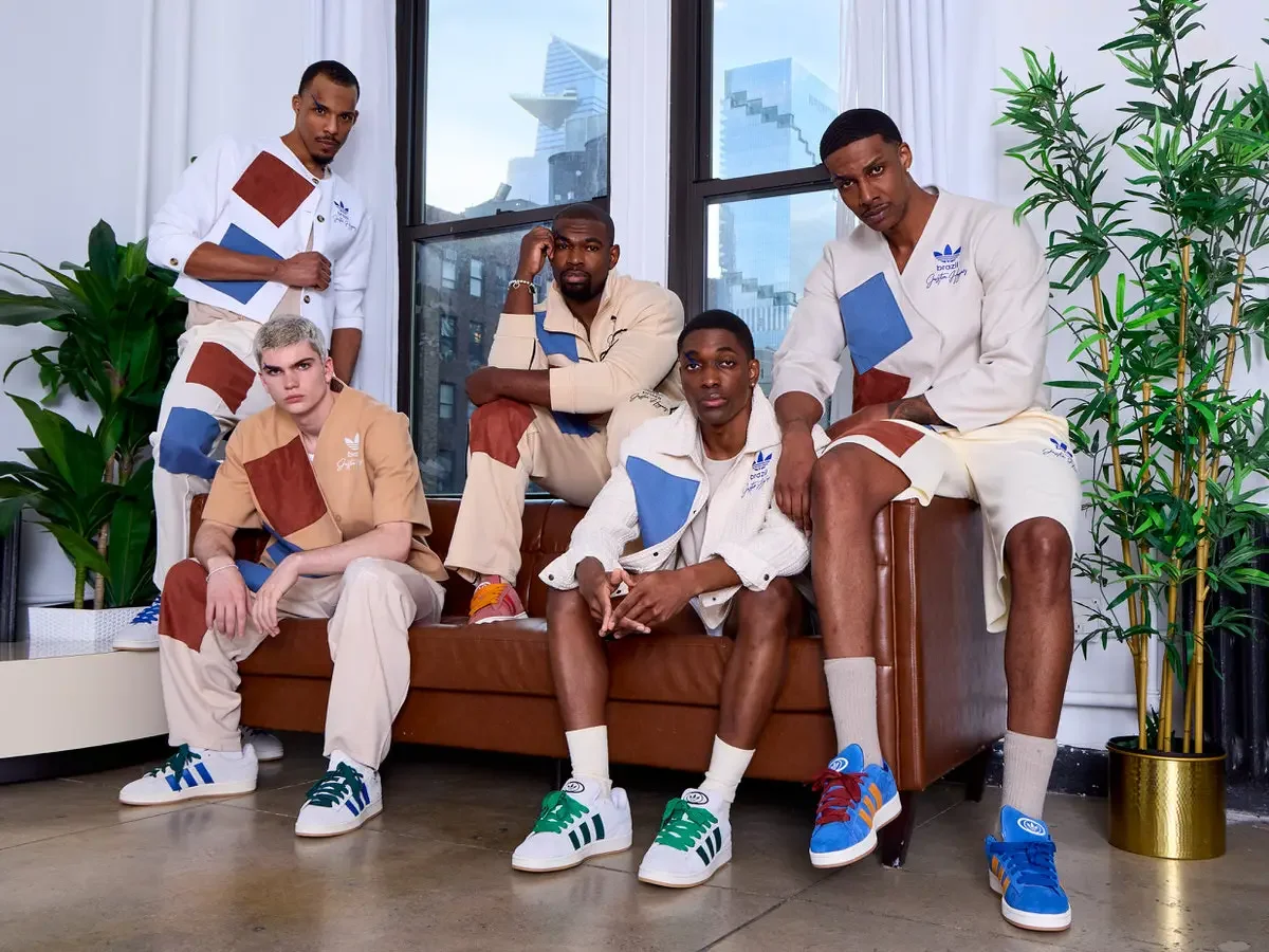 JUS10H x Adidas Brasil campaign, five-model group shot, patchwork tailored streetwear in white, tan, and cream with blue and terracotta suede panels, Adidas Campus 00s white w blue stripes and dark green laces, New York photo by Scott Parker Photo