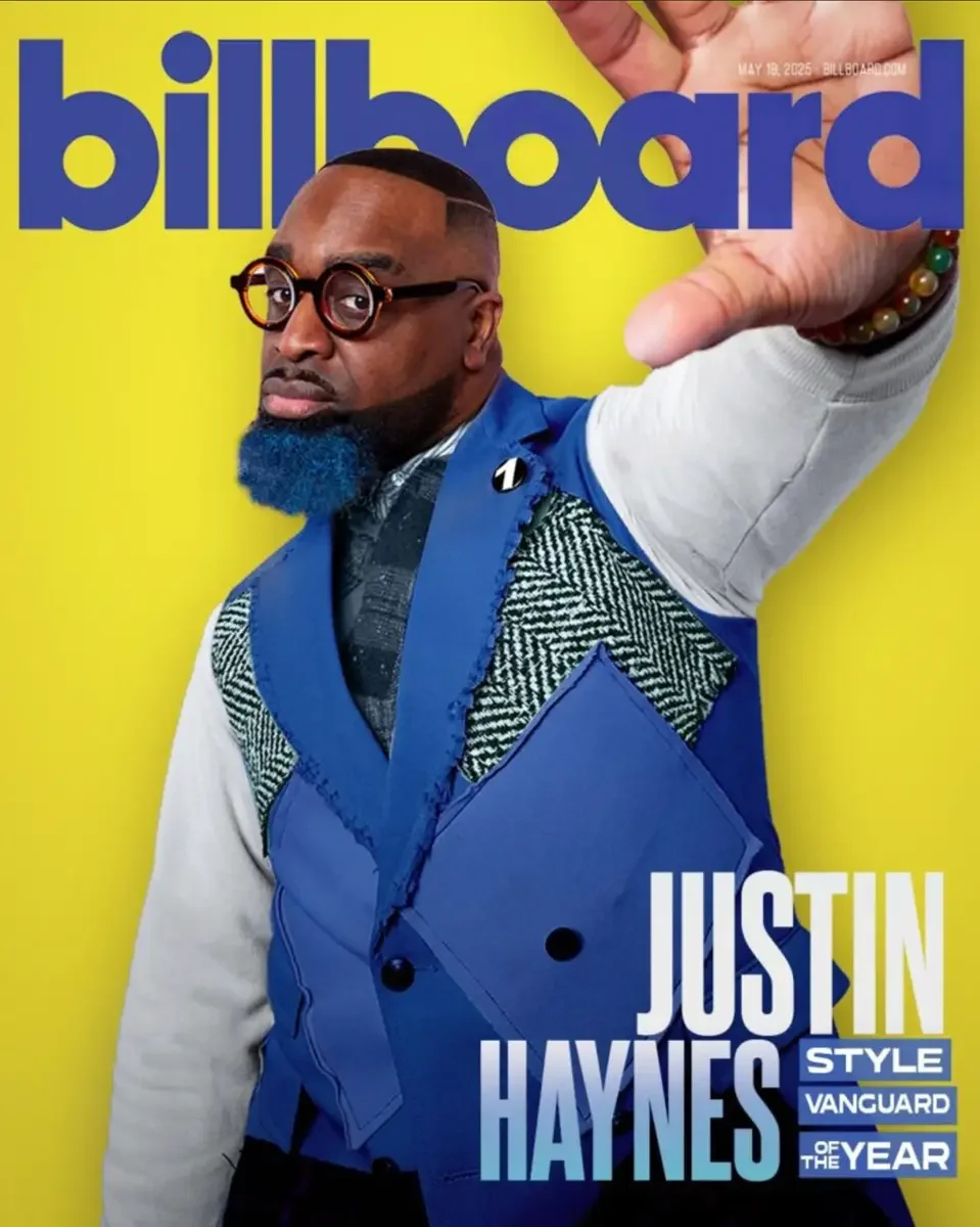 JUS10H 2025 Billboard UAE feature, Style Vanguard of the Year, editorial cover, cobalt blue vest over white, yellow background, photographed by Scott Parker Photo
