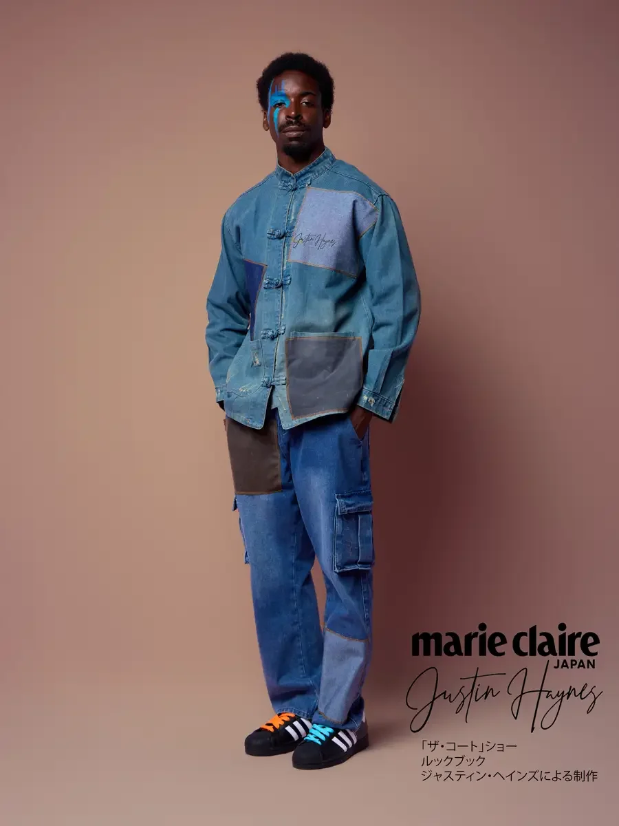 Mandarin collar denim jacket, hand in pocket, JUS10H Court Show lookbook, photographed by Scott Parker Photo