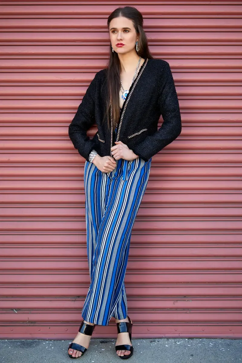 Victoria Henley, blue striped wide-leg jumpsuit, black tweed jacket with gold chain trim, pink corrugated metal door, Los Angeles fashion week test shoot, photographed by Scott Parker Photo
