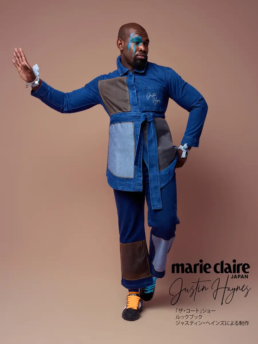 High-belted denim shirt jacket in a karate-inflected stance, arm raised, JUS10H Court Show lookbook, Marie Claire Japan