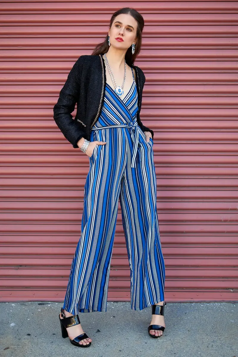 Victoria Henley, full length, blue striped wide-leg jumpsuit and black tweed cropped jacket, pink corrugated metal door, Los Angeles fashion week test shoot, photographed by Scott Parker Photo
