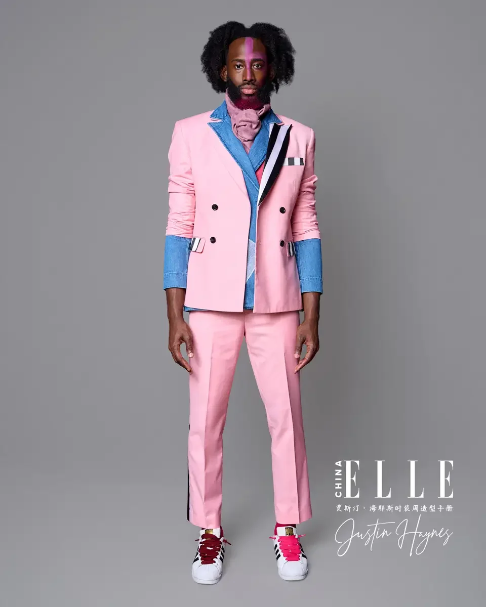 JUS10H 2025 Elle China feature, full-length editorial, pink double-breasted suit with denim underlayers, bold graphic styling, photographed by Scott Parker Photo