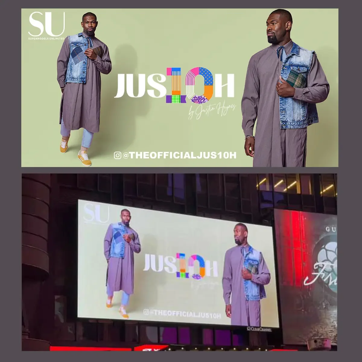 JUS10H 2025 billboard Times Square, composite showing billboard artwork and in-situ display, two-image layout of model in mauve longline shirt-dress with patchwork denim vest over light blue trousers and yellow sneakers, sage green background with JU