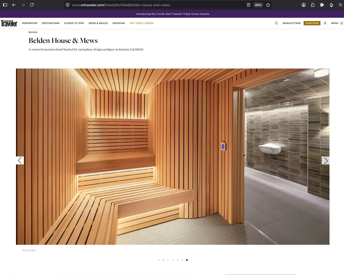 Belden House and Mews spa interior, Litchfield Connecticut, cedar sauna with slatted wood walls and ambient lighting, photography by Scott Parker, featured in Conde Nast Traveler August 2025