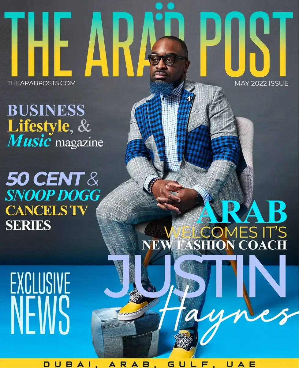 JUS10H 2022 The Arab Post feature, editorial cover, grey and blue patchwork check suit, seated portrait, Dubai UAE, photographed by Scott Parker Photo