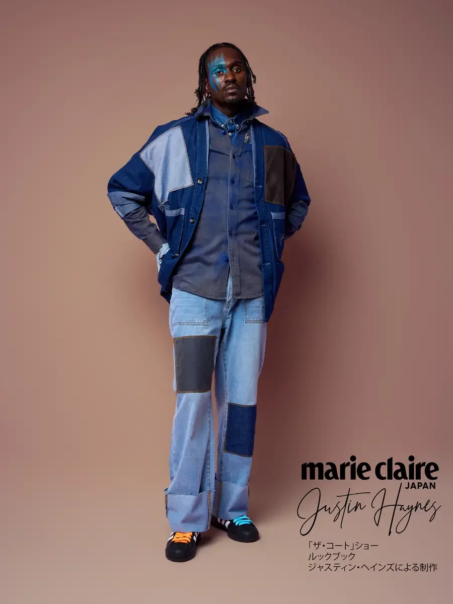 Batwing sleeves of a cropped denim kimono draping toward the back, JUS10H Court Show lookbook