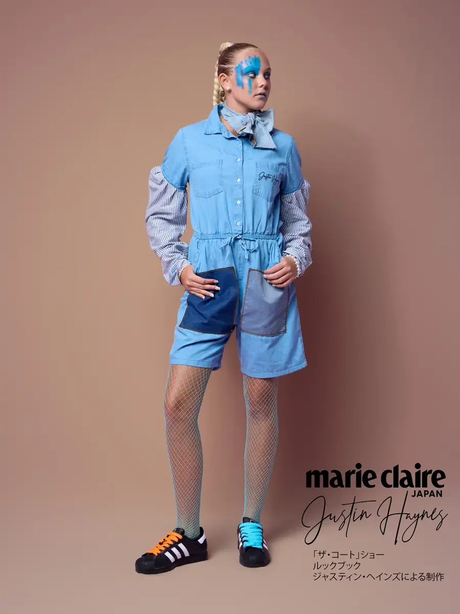 Denim romper with drawstring waist, hands on hips, JUS10H Court Show lookbook, photographed by Scott Parker Photo