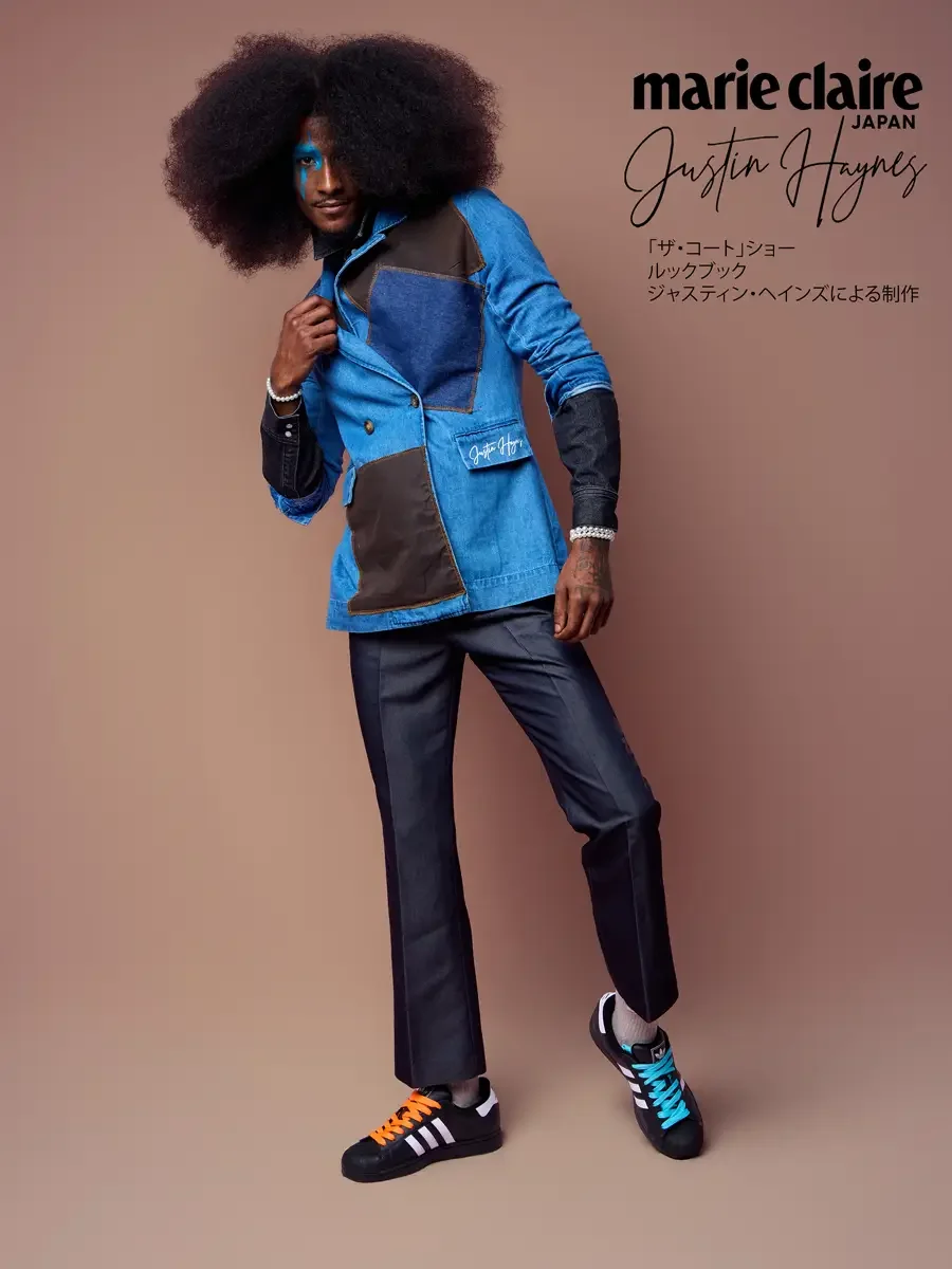 Double breasted denim jacket, holding the lapel, JUS10H Court Show lookbook, photographed by Scott Parker Photo