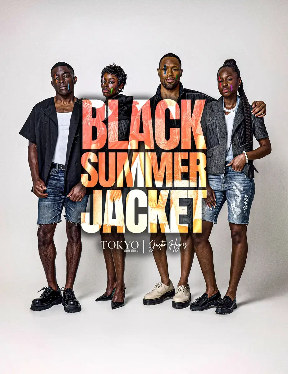 JUS10H Black Summer Jacket lookbook, four models in black patchwork jackets and distressed denim shorts, orange title treatment overlay, white background, photographed by Scott Parker Photo