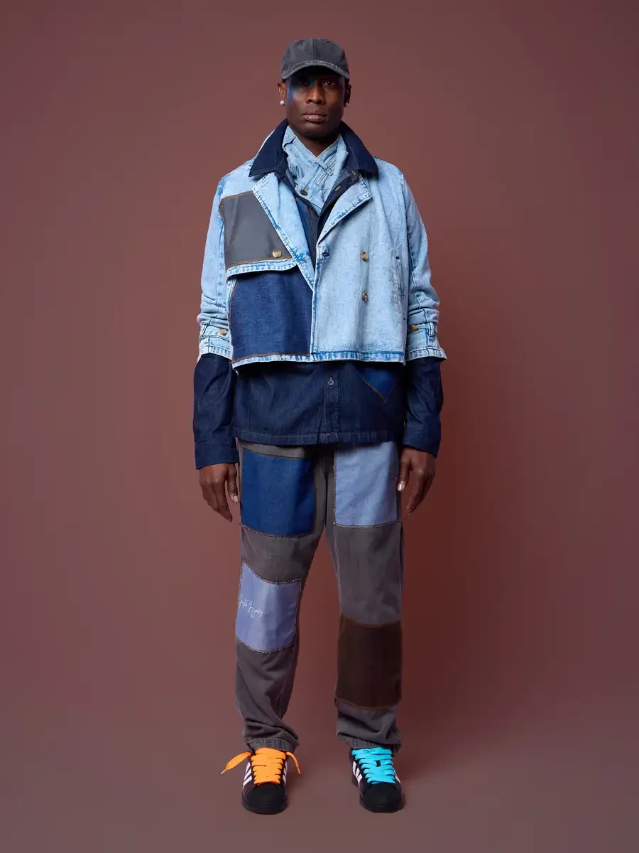 Cropped denim trench coat with patchwork denim joggers, JUS10H Court Show lookbook