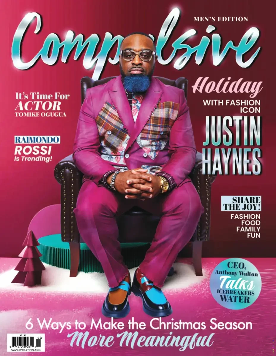 JUS10H 2024 Compulsive Magazine feature, Holiday Men's Edition cover, magenta suit with patchwork blazer detail, seated editorial, photographed by Scott Parker Photo