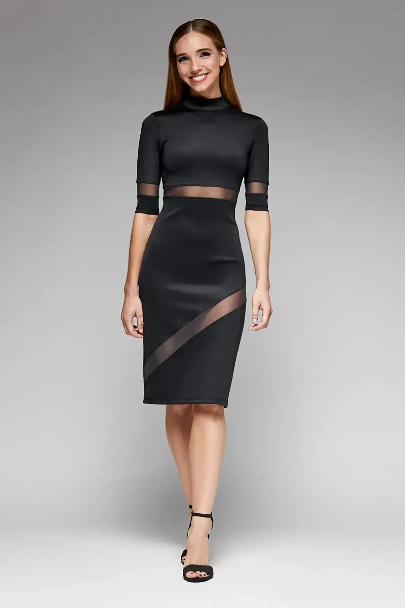 Minika Ko lookbook, black mock-neck midi dress, front view, elbow-length sleeves, sheer mesh band at waist, mesh cuff at sleeve hem, diagonal mesh panel insert at skirt, photographed by Scott Parker Photo