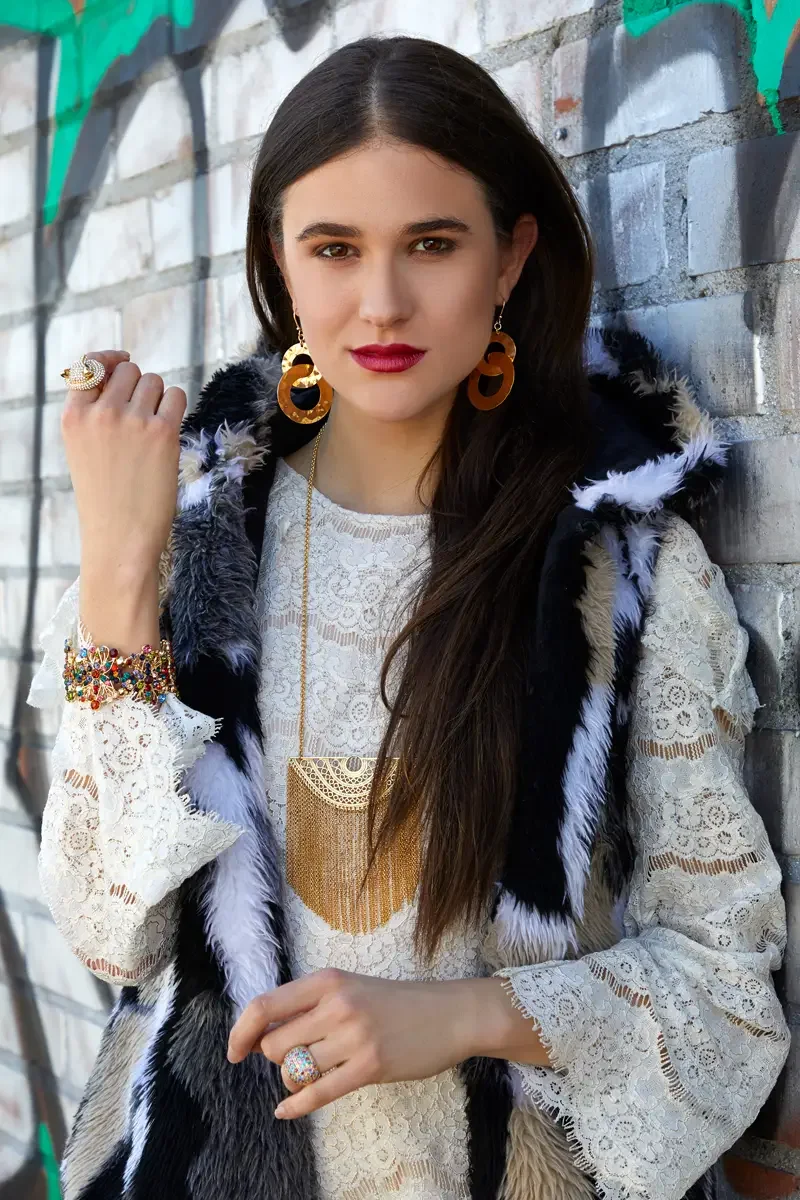 Victoria Henley, faux fur hood, cream lace romper, graffiti wall 1, Los Angeles fashion week test shoot, photographed by Scott Parker Photo