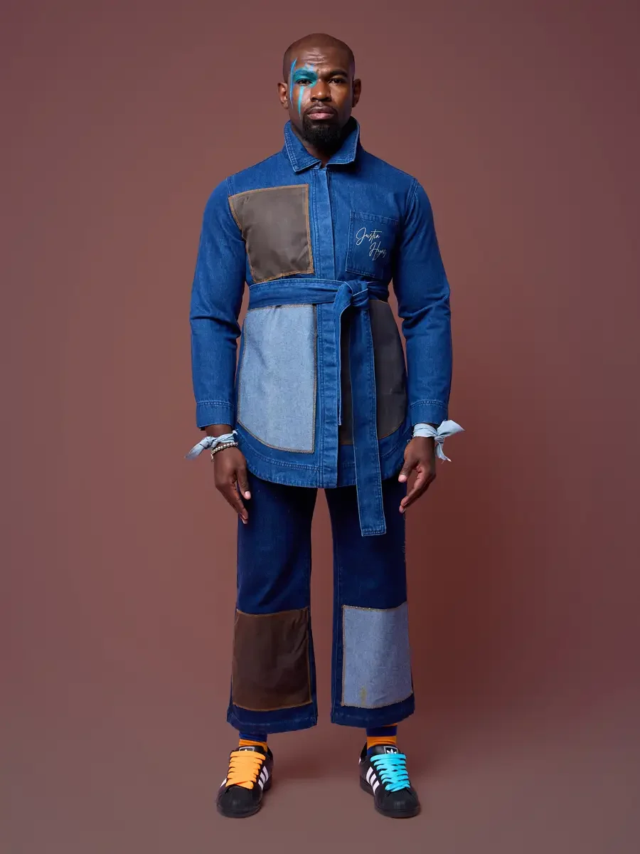 Belted denim shirt jacket, adjusting the high belt, JUS10H Court Show lookbook, photographed by Scott Parker Photo